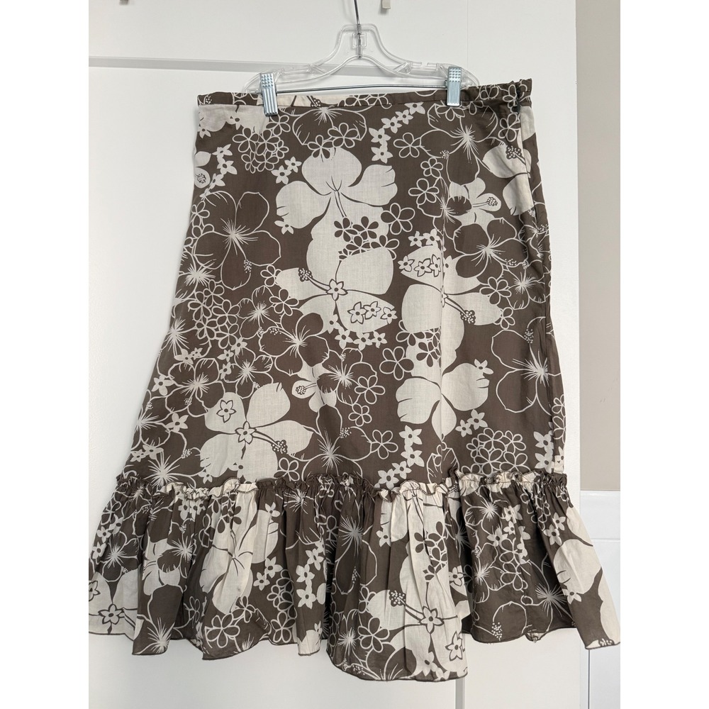 Cottonworld Corp Brown White Hibiscus Floral Ruffle Hem Midi Skirt Womens L 74cm